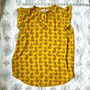 LOFT Yellow Pink Floral Shirt Ruffle Neck & Sleeve Small